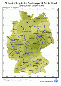 Basis der Solarthermie: Solarstrahlungskarte für Deutschland, Quelle: Deutscher Wetterdienst